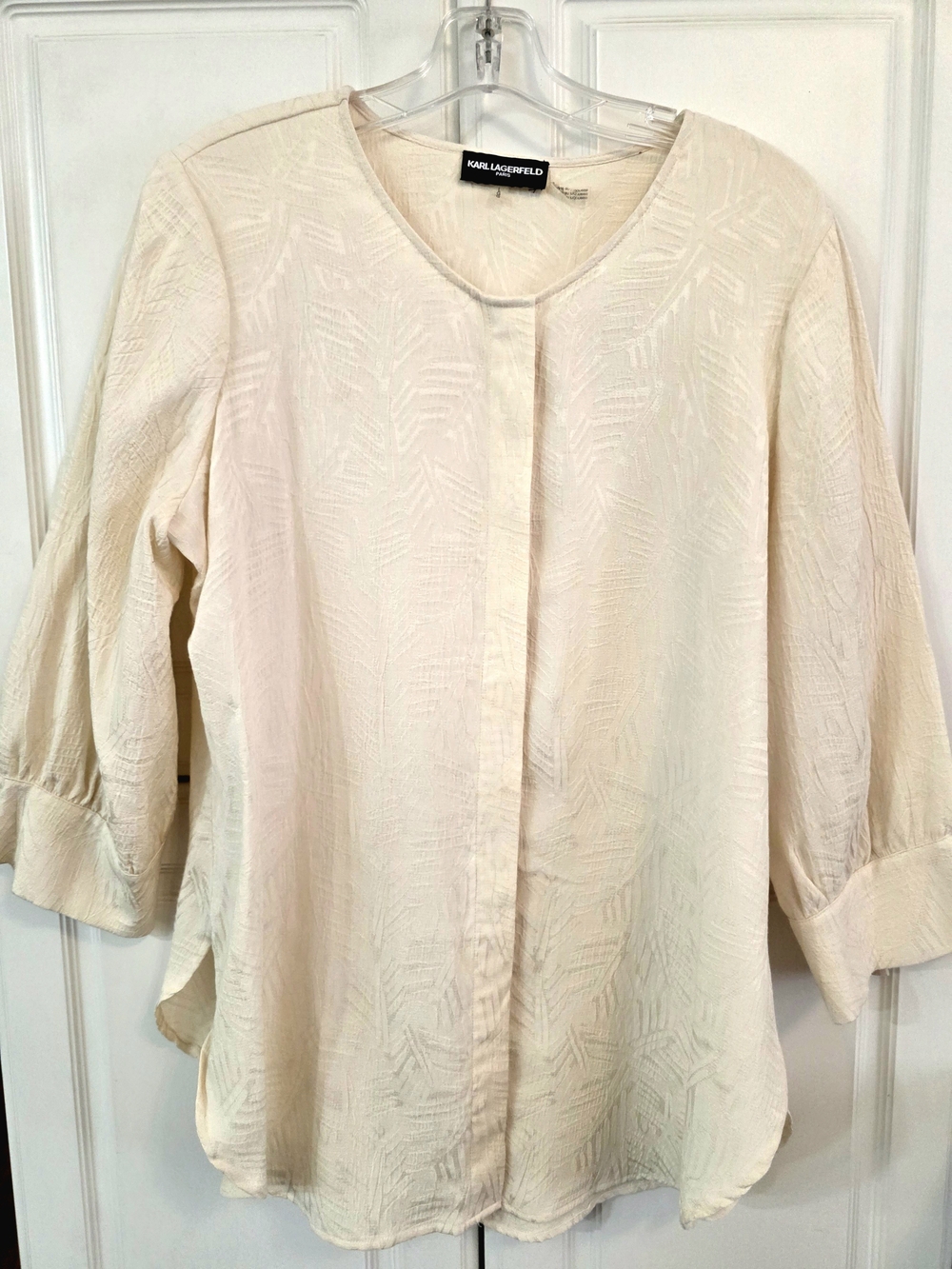 Karl Lagerfeld Cream Textured Round-Neck Tunic Blouse- Large